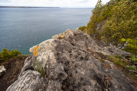 Lake Huron turquoise waterfront surrounded by Limestone Rocky Cliffs with Trees, autumn day landscape, top viewの写真素材