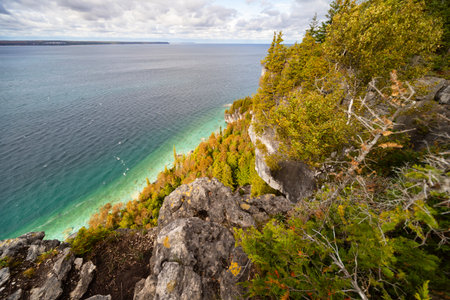 Lake Huron turquoise waterfront surrounded by Limestone Rocky Cliffs with Trees, autumn day landscape, top viewの写真素材