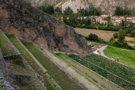 Ollantaytambo Ancient Agricultural Inca Terraces, in the Sacred Valley Mountains, Andes, Cusco Region, Peruの写真素材