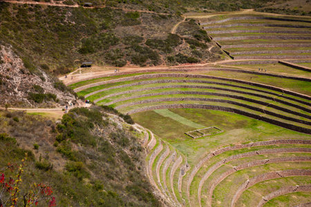 Old Inca Agriculture Heritage Site with Circular Terraces Located in Andes Mountains Sacred Valley,...