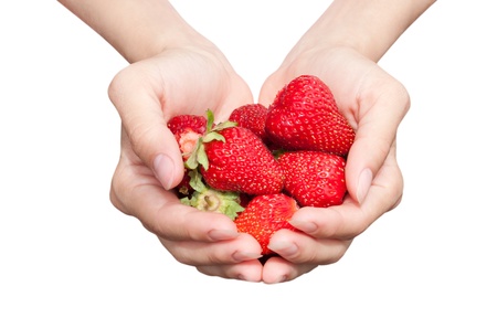 Fresh strawberry in hands isolated on a white backgroundの写真素材