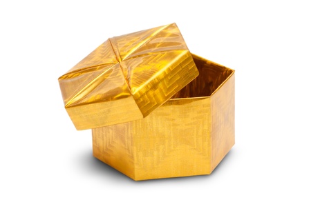 Open gold gift box isolated on a white backgroundの写真素材