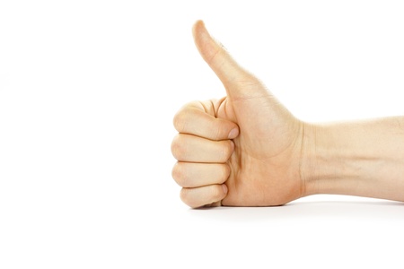 thumb male right hand is raised on a white backgroundの写真素材