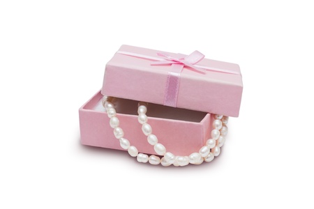 Jewelry box and pearl necklace isolated on white backgroundの写真素材