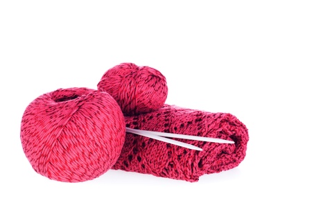 Skeins of red yarn, needles and knitting work on the white background  With sample text 