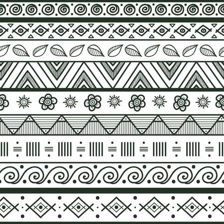 Tribal striped hand drawn seamless pattern  Geometric black-white background  Swatches of seamless pattern included in the file のイラスト素材