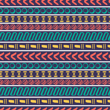 Tribal striped seamless pattern. Geometric hand drawn background. Can be used in fabric design for making of clothes, accessories; creating decorative paper, wrapping, envelope; in web design, etc.のイラスト素材
