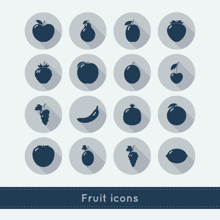 Set of fruit icons. Dark fruit silhouettes on gray background.のイラスト素材