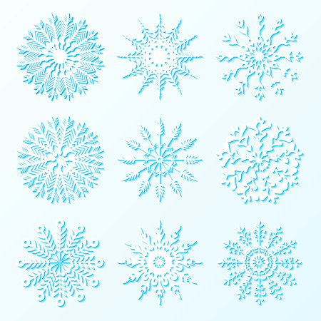 Set of white snowflakes on the blue background. Winter symbols. Elements for design.のイラスト素材