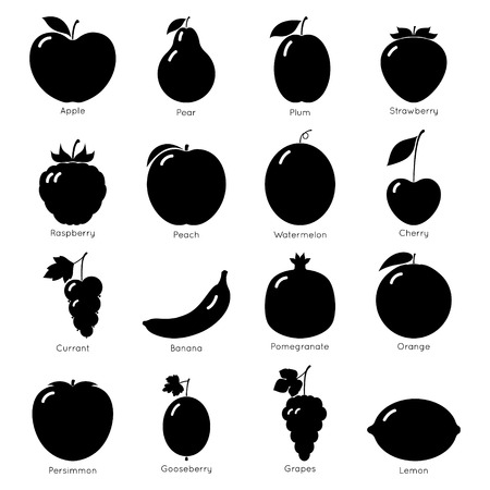 Set of fruits. Black fruit silhouettes on the white background.のイラスト素材