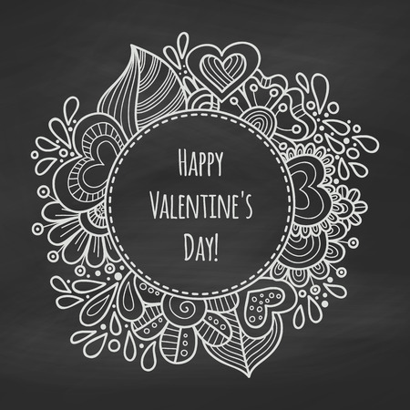 Chalk floral frame on the blackboard. Valentine Day background. Frame of flowers. Template for romantic postcard, invitation. Vector illustration.のイラスト素材