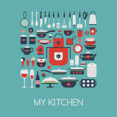 Set of kitchen utensils and food, isolated objects. Cookware, home cooking background. Kitchenware icons. Modern design. Vector illustration.のイラスト素材