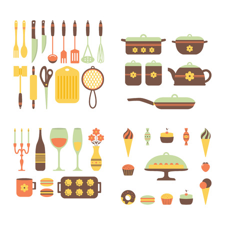 Set of kitchen utensils and food, isolated objects. Cookware, home cooking background. Kitchenware icons. Modern design. Vector illustration.のイラスト素材