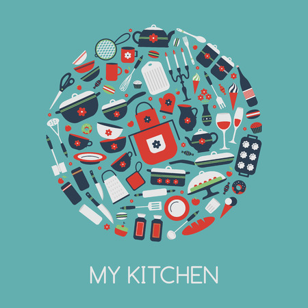 Set of kitchen utensils and food, objects in circle. Cookware, home cooking background. Kitchenware icons. Modern design. Vector illustration.のイラスト素材