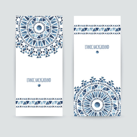 Set of two ethnic banners. Business cards templates. Aztec watercolor backgrounds. Greeting cards, invitations, flyers. Vector illustration.のイラスト素材