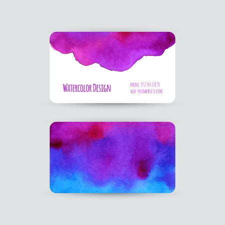 Business cards templates. Watercolor design. Cards with abstract watercolor stains. Blue-violet background. Invitations, flyers. Vector illustration.のイラスト素材