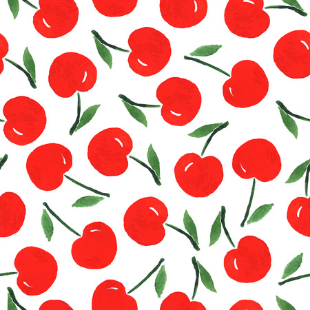 Watercolor seamless pattern with cherries on the white background. Hand drawn background. Vector illustration.のイラスト素材