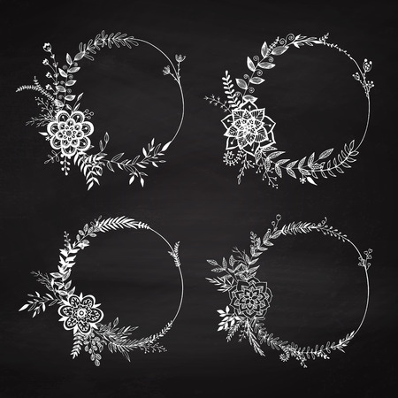 Set of floral wreath on the chalkboard. Chalk elements for wedding decor. Vintage frames. Sketch garlands. Greeting cards. Vector illustration.のイラスト素材