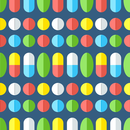 Seamless pattern with medicines. Pills, vitamins, capsules - first aid for colds. Disease and treatment. Medical background. Vector illustration.のイラスト素材