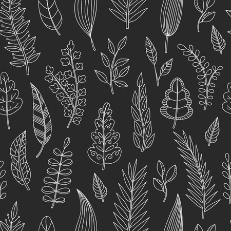 Seamless pattern with floral chalk elements on the chalkboard. Spring, summer fashion pattern with hand drawn leaves. Background for design, wrapping, fabric. Vector illustration.のイラスト素材
