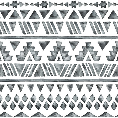 Ethnic watercolor seamless pattern. Fashion aztec geometric background. Hand drawn monochrome...