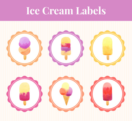 Set of six labels with watercolor ice cream. Bright colors. Vector illustration.のイラスト素材