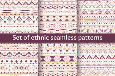 Set of six ethnic seamless patterns. Aztec geometric backgrounds. Sketch style. Stylish navajo fabric. Modern abstract wallpaper. Vector illustration.のイラスト素材
