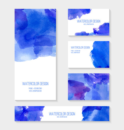 Set of business card, banner, invitation card templates with watercolor design. Cards with abstract watercolor stains. Blue background. Vector illustration.のイラスト素材