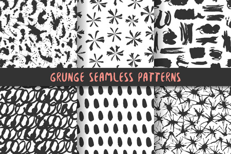 Set of six black-white stylish patterns. Monochrome hand drawn seamless patterns. Fashion grunge backgrounds. Patterns for textile, packaging, etc. Vector illustration.のイラスト素材