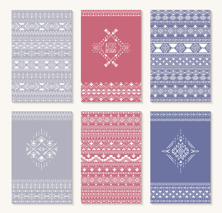 Aztec design, set of cards. Stylish tribal geometric backgrounds. Templates for invitations, postcards, notepads with aztec ornaments. Vector illustration.のイラスト素材