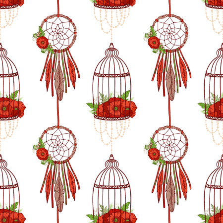 Seamless pattern in boho style: dream cathers, poppies in cages. Hand drawn elements. Ethnic boho pattern for textile, packaging, greeting cards, invitations, wedding decorations. Bohemian collection.のイラスト素材