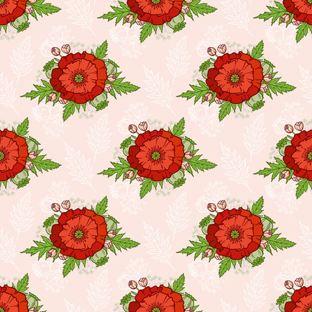 Seamless pattern in boho style with poppies. Hand drawn floral elements. Summer time. Floral bright pattern for textile, packaging, greeting cards, invitations, wedding decoration. Bohemian collectionのイラスト素材