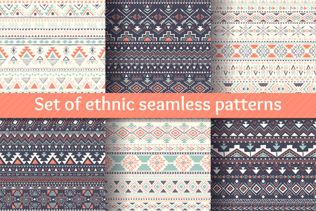 Set of six ethnic seamless patterns. Aztec geometric backgrounds. Stylish navajo design. Modern handmade abstract wallpaper. Vector illustration.のイラスト素材