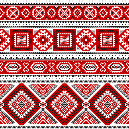Ethnic seamless pattern with black, white, red colors. Inspired by ukrainian slavic traditional colors, motifs. Geometric background. Modern abstract wallpaper. For design of paper, textile. Vector.のイラスト素材