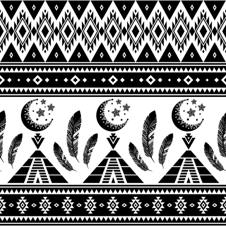 Aztec seamless pattern. Tribal geometric black-white background. Can be used in fabric design for making of clothes, accessories; decorative paper, wrapping, envelope; web design, etc. Vector illustration.のイラスト素材