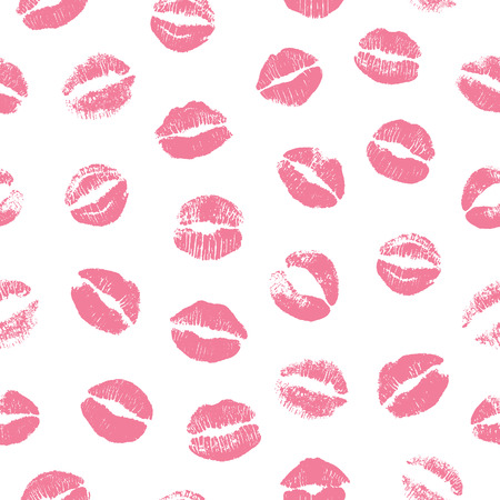 Seamless pattern of lip prints. Kisses of pink lipstick for Valentine day, Kiss day and love theme. Lips imprints on white background. Vector illustration.のイラスト素材