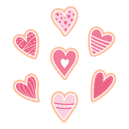 Set of pink heart cookies. Valentine day present. Wedding and romantic sweets. Heart cookies isolated on white background. Vector illustration.のイラスト素材