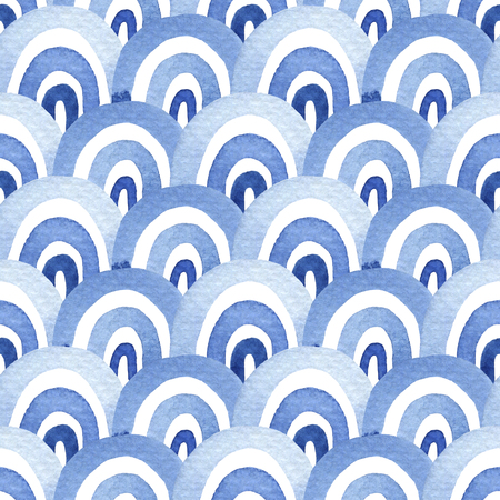 Blue watercolor seamless pattern with abstract sea waves.  Modern background, illustration.の写真素材