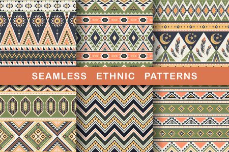 Ethnic seamless patterns. Set of aztec geometric backgrounds. Collection of stylish navajo fabric. Tribal modern abstract vector illustration.のイラスト素材