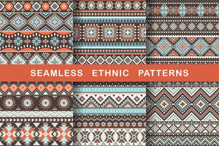 Ethnic seamless patterns. Set of aztec geometric backgrounds. Collection of stylish navajo fabric. Tribal modern abstract vector illustration.のイラスト素材