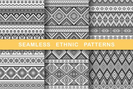 Ethnic seamless patterns. Set of aztec geometric backgrounds. Collection of stylish navajo fabric. Tribal modern abstract vector illustration.のイラスト素材