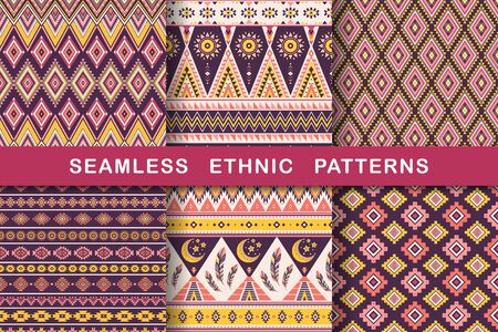 Ethnic seamless patterns. Set of aztec geometric backgrounds. Collection of stylish navajo fabric. Tribal modern abstract vector illustration.のイラスト素材