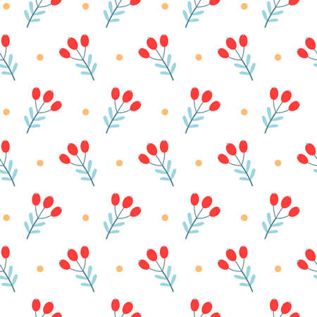 Christmas seamless pattern with branches, berries, snow balls. Vector background on white. Cute illustration for fabric, wrapping paper, postcard design.のイラスト素材