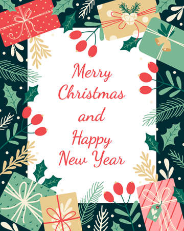 Merry Christmas and Happy New Year greeting card. Winter holiday greetings. Background with cute giftboxes, holly leaves, berries, fir branches, snow balls. Vector illustration, poster, postcard.のイラスト素材