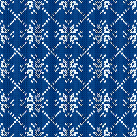 Winter holiday ornament with snowflakes. Christmas and New Year wool knitted sweater. Seamless pattern, vector illustration, traditional background.のイラスト素材