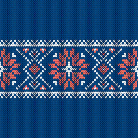 Scandinavian knitted seamless pattern. Norwegian native style sweater, ornament with snowflakes. Fair Isle design. Wool texture. Winter holiday background. Vector illustration.のイラスト素材