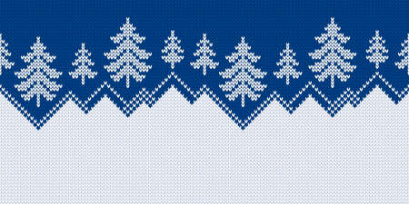 Winter sweater with Christmas trees and snowdrifts. Norwegian seamless knitting pattern. Fair Isle design. Holiday traditional wide background with text place. Vector illustration.のイラスト素材