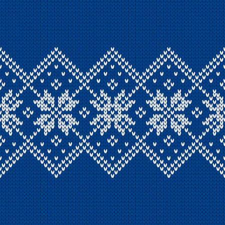 Scandinavian knitted seamless pattern. Norwegian native style sweater, ornament with snowflakes. Fair Isle design. Wool texture. Winter holiday background. Vector illustration.のイラスト素材