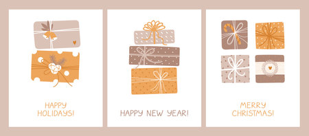 Set of holiday cards with a with fancy presents, festive packaging. Santa gifts. Traditional postcards. Ð¡ongratulatory phrases. Winter vector illustration in flat style.のイラスト素材