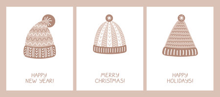 Set of holiday cards with a knitted headwear accessories - hats with pompons and ornaments. Christmas traditional postcards. Ð¡ongratulatory phrases. Winter vector illustration in flat style.のイラスト素材